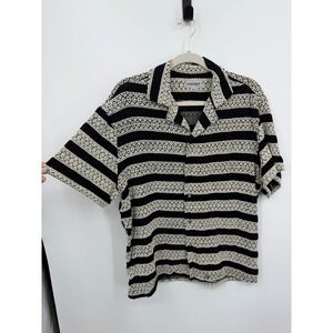 Hawks bay Knit Button Down Shirt Mens Size M Black Cream Striped Textured Boho